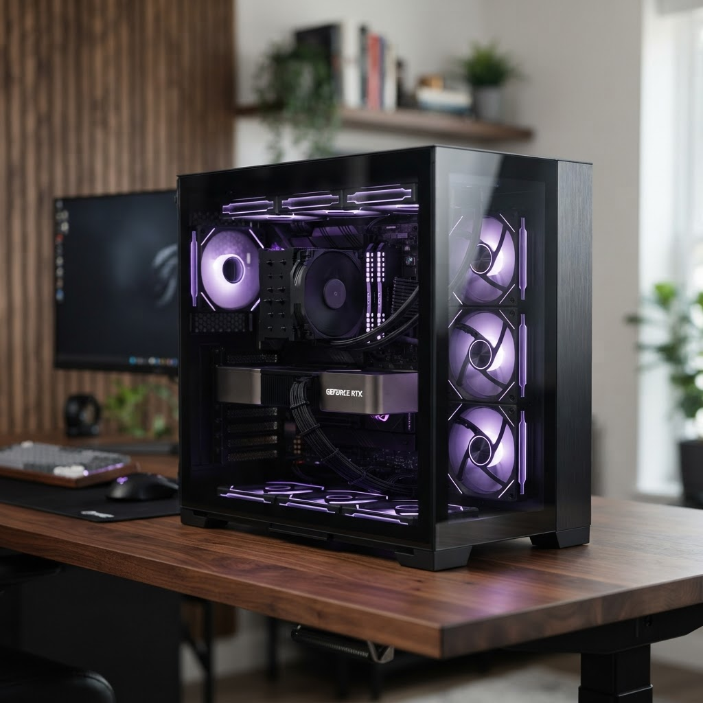 Custom-built gaming PC tower with tempered glass side panel and RGB lighting